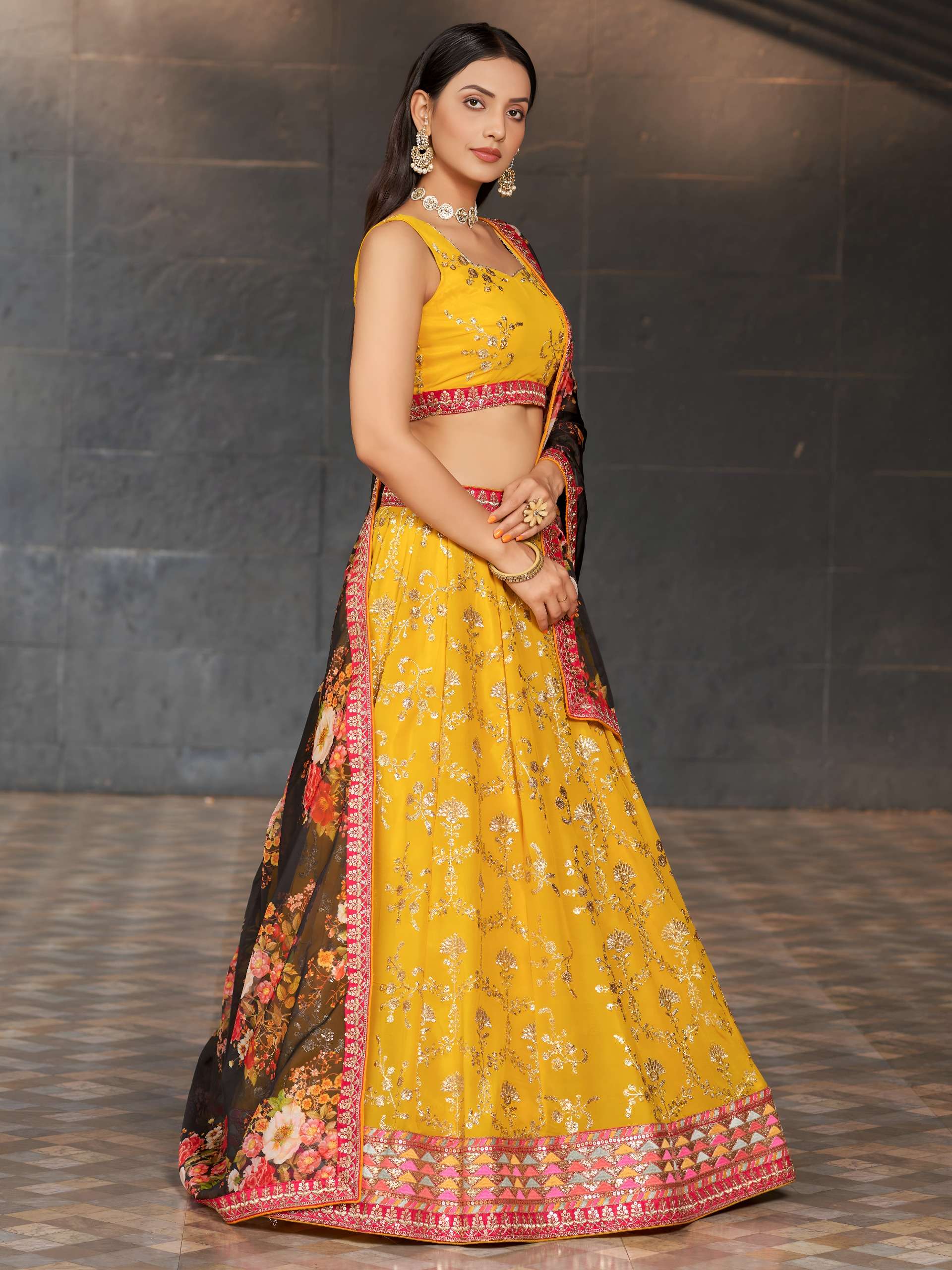 Marigold Flower and Bloom colour Festive style made of Georgette fabric Lehenga choli reseller in surat 8001 Yellow Marigold Flower and Bloom colour Festive style made of Georgette fabric Lehenga choli reseller in surat 8001 Yellow